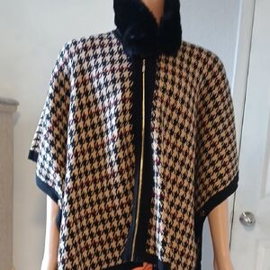Black and White Houndstooth Poncho Sweater